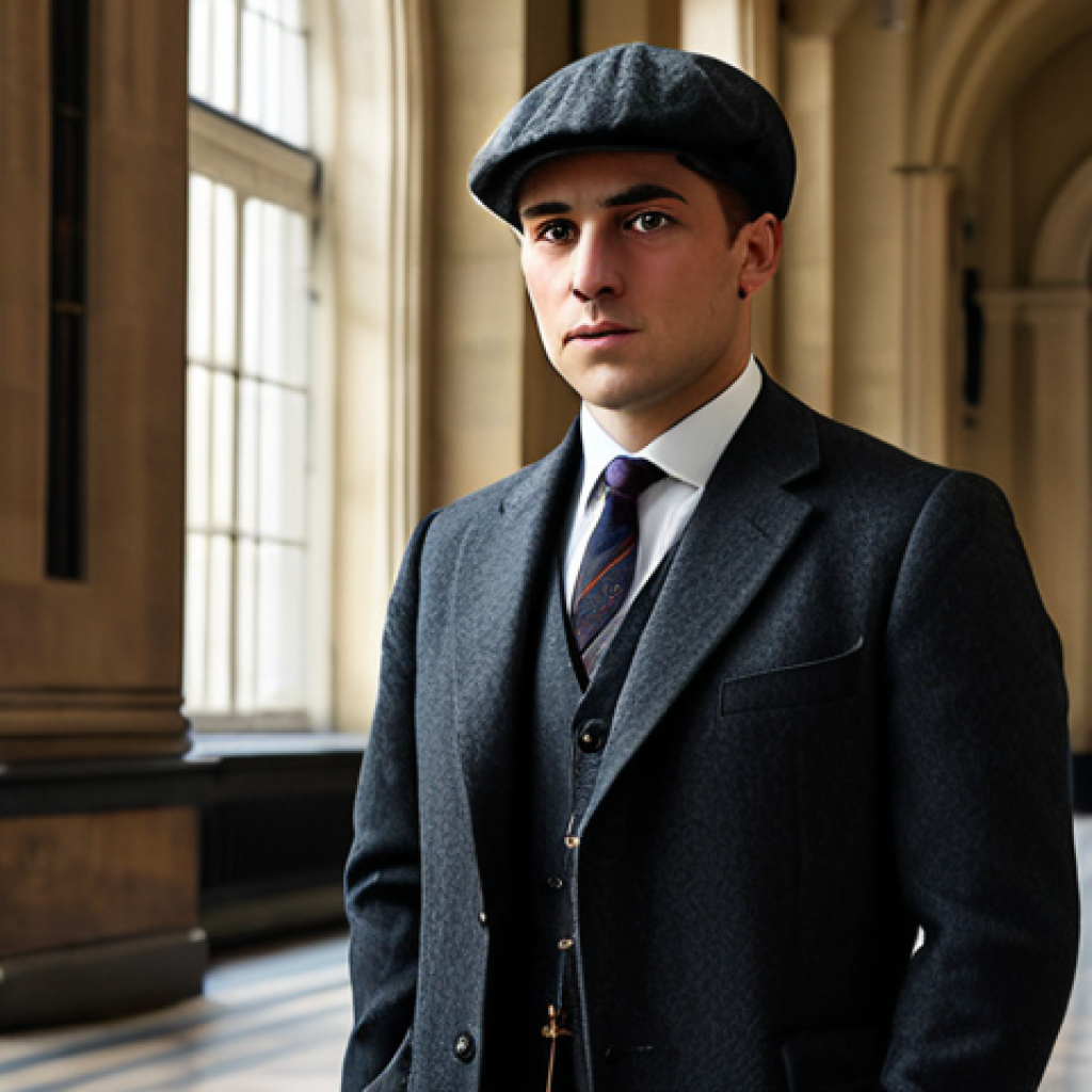 A professional man in his late 20s, with a serious yet composed expression. He is fully clothed in a modest, dark charcoal grey three-piece suit, a crisp white shirt, and a conservative tie, topped with a classic dark flat cap and a tailored, long wool overcoat. He stands confidently in a grand, well-maintained 1930s London banking hall, featuring ornate pillars, high ceilings, and large, arched windows showing a blurred cityscape outside. The atmosphere is sophisticated and subtly powerful. Cinematic lighting, high detail, historical accuracy, professional photography, realistic rendering, perfect anatomy, correct proportions, natural pose, well-formed hands, proper finger count, natural body proportions, safe for work, appropriate content, appropriate attire, family-friendly.
