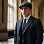 A professional man in his late 20s, with a serious yet composed expression. He is fully clothed in a modest, dark charcoal grey three-piece suit, a crisp white shirt, and a conservative tie, topped with a classic dark flat cap and a tailored, long wool overcoat. He stands confidently in a grand, well-maintained 1930s London banking hall, featuring ornate pillars, high ceilings, and large, arched windows showing a blurred cityscape outside. The atmosphere is sophisticated and subtly powerful. Cinematic lighting, high detail, historical accuracy, professional photography, realistic rendering, perfect anatomy, correct proportions, natural pose, well-formed hands, proper finger count, natural body proportions, safe for work, appropriate content, appropriate attire, family-friendly.