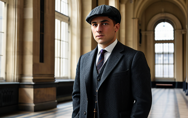 A professional man in his late 20s, with a serious yet composed expression. He is fully clothed in a modest, dark charcoal grey three-piece suit, a crisp white shirt, and a conservative tie, topped with a classic dark flat cap and a tailored, long wool overcoat. He stands confidently in a grand, well-maintained 1930s London banking hall, featuring ornate pillars, high ceilings, and large, arched windows showing a blurred cityscape outside. The atmosphere is sophisticated and subtly powerful. Cinematic lighting, high detail, historical accuracy, professional photography, realistic rendering, perfect anatomy, correct proportions, natural pose, well-formed hands, proper finger count, natural body proportions, safe for work, appropriate content, appropriate attire, family-friendly.